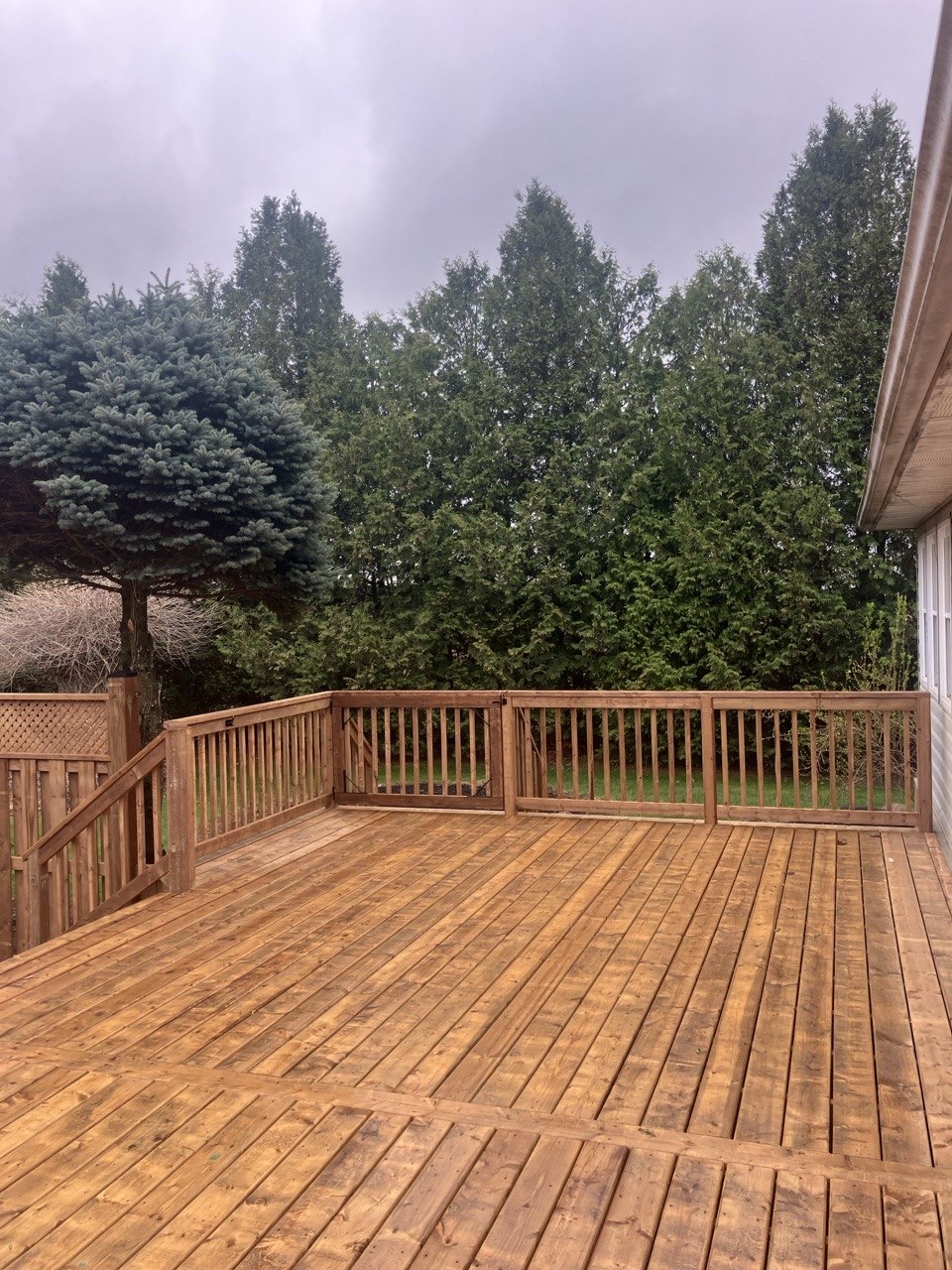 Finished wood deck with railing by Cutting Edge Carpentry